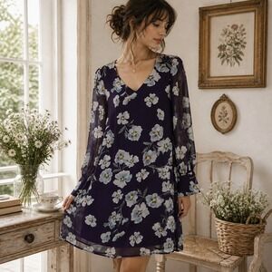 Cabi Chiffon Blue Floral Shift Dress Sz S Sheer Sleeve Romantic Cottage Elegant‎